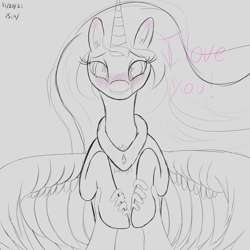 Size: 3000x3000 | Tagged: safe, artist:enonnnymous, princess celestia, oc, oc:anon, alicorn, pony, g4, /sun/, blushing, chest fluff, crying, hand, high res, holding hooves, i love you, looking at you, monochrome, offscreen character, pov, simple background, smiling, solo focus, spread wings, tears of joy, wings