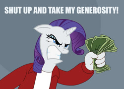 Size: 1084x777 | Tagged: safe, edit, edited screencap, screencap, rarity, g4, aggressive generosity, angry, comic, crossover, element of generosity, futurama, male, meme, money, philip j. fry, screencap comic, shut up and take my money