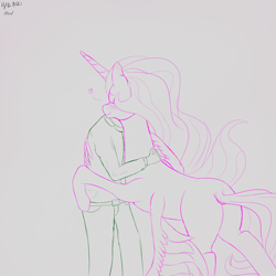 Size: 3000x3000 | Tagged: safe, artist:enonnnymous, princess celestia, oc, oc:anon, alicorn, human, pony, g4, /sun/, blushing, butt, duo, eyes closed, heart, high res, hug, plot, simple background, smiling, winghug, wings