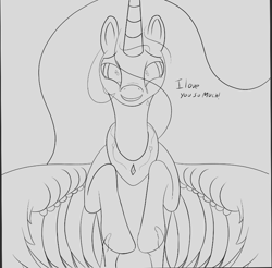 Size: 833x821 | Tagged: safe, artist:enonnnymous, princess celestia, oc, oc:anon, alicorn, pony, g4, /sun/, crying, dialogue, holding hooves, monochrome, offscreen character, pov, simple background, smiling, solo focus, spread wings, tears of joy, wings, wip