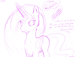 Size: 2600x2000 | Tagged: safe, artist:enonnnymous, princess celestia, alicorn, pony, g4, brush, chest fluff, dialogue, high res, looking at you, monochrome, sketch, solo, talking to viewer, wingding eyes