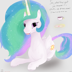 Size: 5000x5000 | Tagged: safe, artist:enonnnymous, princess celestia, alicorn, pony, g4, /sun/, blushing, chest fluff, cloven hooves, colored hooves, cup, cute, cutelestia, dialogue, female, folded wings, food, gray background, heart, heart eyes, looking at you, lying down, magic, mare, missing accessory, neck fluff, open mouth, prone, simple background, smiling, solo, talking to viewer, tea, teacup, telekinesis, unshorn fetlocks, wingding eyes, wings