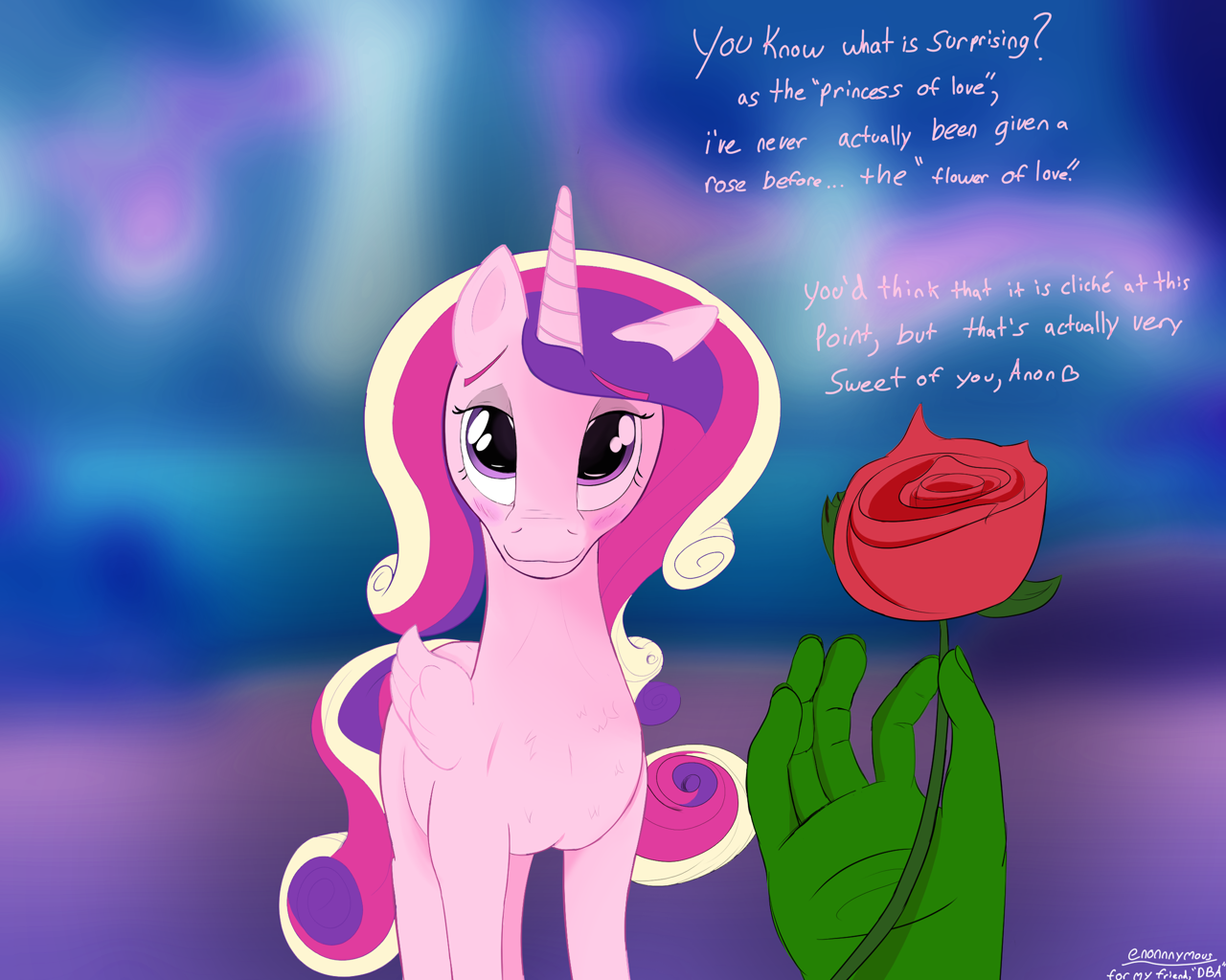 2886230 - safe, artist:enonnnymous, princess cadance, oc, oc:anon, alicorn,  pony, g4, blurry background, dialogue, female, floppy ears, flower, folded  wings, hand, high res, looking at you, mare, romantic, rose, solo focus,  waifu,