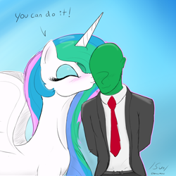 Size: 3000x3000 | Tagged: safe, artist:enonnnymous, princess celestia, oc, oc:anon, alicorn, human, pony, g4, /sun/, blue background, blushing, cheek kiss, clothes, dialogue, duo, eyes closed, female, gradient background, hands behind back, heart, high res, kissing, kissy face, male, mare, simple background, smiling, spread wings, tuxedo, wings