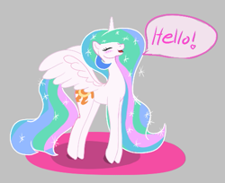 Size: 501x408 | Tagged: safe, artist:enonnnymous, princess celestia, alicorn, pony, g4, aggie.io, blushing, dialogue, eyes closed, female, gray background, happy, mare, open mouth, simple background, smiling, solo, speech bubble, spread wings, talking, tiptoe, wings