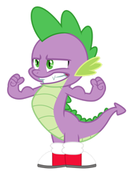Size: 1280x1673 | Tagged: safe, artist:masem, artist:php170, editor:ponygamer2020, spike, dragon, g4, the crystalling, clothes, clothes swap, converse, cosplay, costume, crossover, dragons wearing clothes, fangs, flexing, male, miles "spike" prower, miles "tails" prower, shoes, simple background, sneakers, solo, sonic the hedgehog (series), teeth, transparent background, vector