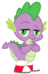 Size: 1280x1968 | Tagged: safe, artist:masem, artist:php170, editor:ponygamer2020, spike, dragon, g4, simple ways, breaking the fourth wall, clothes, clothes swap, converse, cosplay, costume, crossed arms, crossover, dragons wearing clothes, eyebrows, fangs, frown, looking at you, male, miles "spike" prower, miles "tails" prower, shoes, simple background, sneakers, solo, sonic the hedgehog (series), spike is not amused, transparent background, unamused, vector