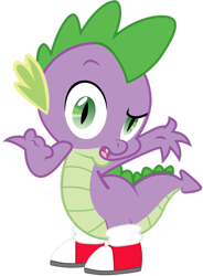 Size: 1280x1736 | Tagged: safe, artist:boem777, artist:php170, editor:ponygamer2020, spike, dragon, bridle gossip, g4, breaking the fourth wall, clothes, clothes swap, converse, cosplay, costume, crossover, dragons wearing clothes, fangs, frown, looking at you, male, miles "spike" prower, miles "tails" prower, open mouth, raised eyebrow, shoes, simple background, sneakers, solo, sonic the hedgehog (series), talking to viewer, transparent background, vector