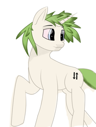 Size: 1585x2105 | Tagged: safe, artist:m37, oc, oc only, oc:ein, pony, unicorn, blue eyes, colored sclera, eyebrows, green hair, horn, male, raised hoof, red sclera, simple background, smiling, solo, stallion, white background