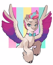 Size: 1680x2048 | Tagged: safe, artist:goulpaa, zipp storm, pegasus, pony, g5, bowtie, dreamworks face, female, hoof fluff, looking at you, smiling, solo, spread wings, wings
