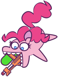 Size: 1484x1972 | Tagged: safe, artist:threetwotwo32232, pinkie pie, earth pony, pony, g4, female, gun, mare, mouth hold, simple background, solo, transparent background, watergun, weapon