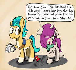 Size: 1300x1200 | Tagged: safe, artist:ebbysharp, hitch trailblazer, primrose (g5), earth pony, pony, unicorn, g5, my little pony: a maretime bay adventure, asking for it, blushing, can, clothes, cute, daaaaaaaaaaaw, dialogue, eye clipping through hair, female, fuck the police, litter, littering, male, mare, notepad, pencil, scarf, ship:hitchrose, shipping, shy, stallion, straight, this will end in jail time, trying to get arrested