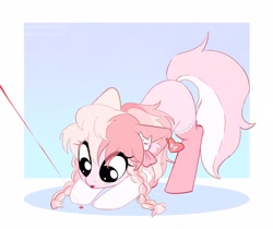 Size: 2664x2242 | Tagged: safe, artist:syrupyyy, oc, oc only, oc:princess, cat, cat pony, earth pony, original species, plush pony, pony, behaving like a cat, braid, clothes, ear tag, high res, laser pointer, plushie, solo, stockings, thigh highs, ty