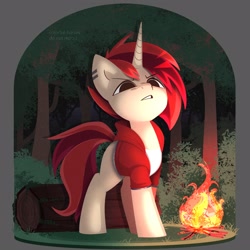 Size: 2500x2500 | Tagged: safe, artist:syrupyyy, oc, oc only, pony, unicorn, campfire, clothes, ear piercing, forest, high res, log, looking at you, night, piercing, solo
