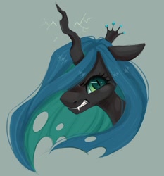 Size: 981x1053 | Tagged: safe, artist:melodylibris, queen chrysalis, changeling, changeling queen, g4, bust, fangs, female, green background, gritted teeth, looking at you, simple background, solo, teeth