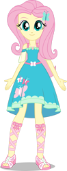 Size: 1024x2617 | Tagged: safe, artist:cencerberon, fluttershy, human, equestria girls, g4, my little pony equestria girls: better together, arms spread out, belt, clothes, cutie mark on clothes, dress, female, fluttershy boho dress, geode of fauna, grin, jewelry, looking at you, magical geodes, necklace, open-toed shoes, simple background, sleeveless, smiling, smiling at you, solo, transparent background, vector