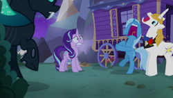 Size: 1280x720 | Tagged: safe, artist:oceanrailroader, edit, edited screencap, screencap, vector edit, prince blueblood, starlight glimmer, thorax, trixie, changeling, pony, unicorn, g4, to where and back again, implied bluetrix, male, night, screaming, stallion, trixie's wagon, twilight's castle, vector, wagon