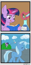 Size: 580x1200 | Tagged: safe, artist:empyu, trixie, twilight sparkle, alicorn, pony, unicorn, g4, 2 panel comic, comic, duo, eyedropper, eyes closed, glowing, glowing horn, hiding, horn, potion, throwing, tongue out, twilight sparkle (alicorn)