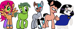 Size: 1854x720 | Tagged: dead source, safe, artist:dazzlingfan, alicorn, earth pony, pony, robot, robot pony, amulet, beast boy, boots, cloak, clothes, collar, crossover, cyborg (dc comics), dc comics, fangs, female, frown, gem, horn, jewelry, male, mare, mask, ponified, raised hoof, raven (dc comics), robin (dc comics), shoes, simple background, smiling, spread wings, stallion, starfire, teen titans go, unamused, white background, wings, wristband