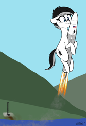 Size: 1476x2154 | Tagged: safe, artist:seafooddinner, oc, oc only, oc:astrapone, earth pony, pony, female, fire, floppy ears, mountain, riding, rocket, simple background, smoke, water