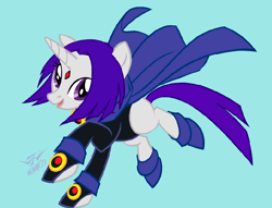 Size: 906x693 | Tagged: safe, artist:batangbatugan, pony, unicorn, amulet, blue background, cloak, clothes, crossover, dc comics, female, gem, horn, jewelry, mare, ponified, raven (dc comics), shoes, signature, simple background, smiling, teen titans