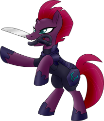 Size: 1664x1948 | Tagged: safe, artist:poseidonathenea, tempest shadow, pony, unicorn, g4, armor, broken horn, female, hoof shoes, horn, mare, mouth hold, rearing, simple background, solo, sword, transparent background, weapon