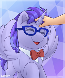 Size: 2000x2400 | Tagged: safe, artist:rivin177, oc, alicorn, human, pony, commission, eyes closed, glasses, hand, high res, human on pony petting, petting, raised hoof, ribbon, simple background, sparkles, spread wings, wings, ych result