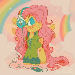 Size: 1000x1000 | Tagged: safe, artist:astroeden, fluttershy, pegasus, pony, antonymph, cutiemarks (and the things that bind us), g4, animated, blinking, blushing, cloud, cute, eyes closed, fluttgirshy, gir, happy, headphones, invader zim, no sound, rainbow, raised hoof, shyabetes, smiling, solo, sparkles, spread wings, tongue out, vylet pony, wavy mouth, webm, wings
