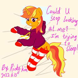 Size: 2048x2048 | Tagged: safe, artist:ricky-kim, artist:ricky_mckim, oc, oc only, oc:ricky, pony, unicorn, bed, clothes, high res, hoodie, in bed, lying down, socks, stockings, striped socks, thigh highs