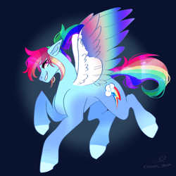 Size: 2048x2048 | Tagged: safe, artist:cha0sblue, rainbow dash, pegasus, pony, g4, backwards cutie mark, colored wings, colored wingtips, floppy ears, gradient wings, grin, high res, looking at you, multicolored wings, rainbow wings, smiling, smiling at you, smirk, solo, spread wings, wings