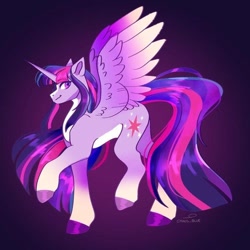 Size: 750x750 | Tagged: safe, artist:cha0sblue, twilight sparkle, alicorn, pony, g4, butt, coat markings, colored hooves, colored wings, gradient wings, looking at you, plot, smiling, smiling at you, socks (coat markings), solo, spread wings, twilight sparkle (alicorn), wings