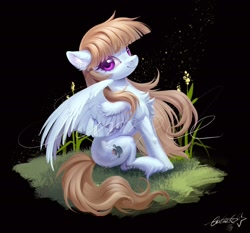 Size: 2048x1907 | Tagged: safe, artist:paipaishuaige, oc, oc only, pegasus, pony, black background, chest fluff, ear fluff, female, grass, looking at you, reeds, simple background, sitting, smiling, smiling at you, solo, spread wings, unshorn fetlocks, watermark, wings