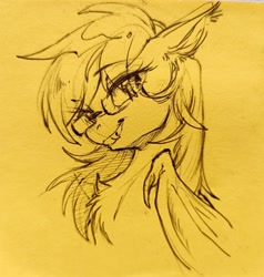 Size: 1947x2048 | Tagged: safe, artist:paipaishuaige, oc, oc only, oc:sunset cloudy, bat pony, pony, bat pony oc, bust, chest fluff, fangs, glasses, looking at you, monochrome, sketch, smiling, smiling at you, solo, traditional art