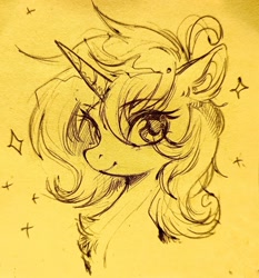 Size: 1905x2048 | Tagged: safe, artist:paipaishuaige, oc, oc only, pony, unicorn, bust, chest fluff, ear fluff, female, horn, looking at you, monochrome, simple background, sketch, smiling, smiling at you, solo, sparkles, traditional art, unicorn oc