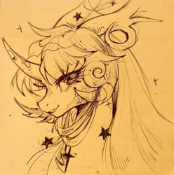 Size: 2034x2048 | Tagged: safe, artist:paipaishuaige, oc, oc only, original species, bust, curved horn, female, high res, horn, horns, looking at you, monochrome, multiple horns, scales, simple background, sketch, smiling, smiling at you, solo, sparkles, traditional art