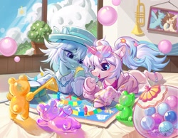 Size: 2048x1589 | Tagged: safe, artist:paipaishuaige, oc, oc only, bear, earth pony, pegasus, pony, unicorn, balloon, board game, bracelet, clothes, cloud, dice, dress, drums, duo, duo female, earth pony oc, female, gummy bear, hair accessory, hat, horn, jacket, jewelry, musical instrument, pareidolia, pegasus oc, picture frame, playing, playing card, potted plant, smiling, sunglasses, transparent horn, trumpet, unicorn oc