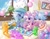 Size: 2048x1589 | Tagged: safe, artist:paipaishuaige, oc, oc only, bear, earth pony, pegasus, pony, unicorn, balloon, board game, bracelet, clothes, cloud, dice, dress, drums, duo, duo female, earth pony oc, female, gummy bear, hair accessory, hat, horn, jacket, jewelry, musical instrument, pareidolia, pegasus oc, picture frame, playing, playing card, potted plant, smiling, sunglasses, transparent horn, trumpet, unicorn oc