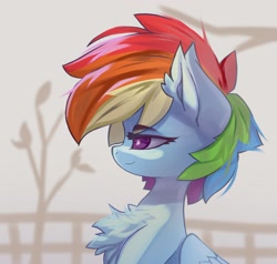 Size: 3008x2863 | Tagged: safe, artist:jfrxd, rainbow dash, pegasus, pony, bust, chest fluff, ear fluff, eyebrows, eyebrows visible through hair, female, looking sideways, mare, portrait, profile, smiling, solo, white pupils