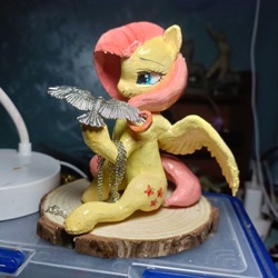 Size: 2048x2048 | Tagged: safe, artist:paipaishuaige, fluttershy, bird, pegasus, pony, g4, chains, clay, craft, female, high res, irl, photo, sitting, solo, tree stump