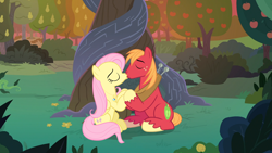 Size: 1920x1080 | Tagged: safe, anonymous editor, edit, edited screencap, screencap, big macintosh, fluttershy, earth pony, pegasus, pony, g4, the big mac question, alternate scenario, apple, apple tree, character swap, duo, eyes closed, female, holding hooves, intertwined trees, jewelry, kiss on the lips, kissing, male, mare, necklace, pear tree, ship:fluttermac, shipping, stallion, straight, tree