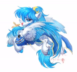 Size: 2048x1910 | Tagged: safe, artist:paipaishuaige, oc, oc only, oc:qamar, pegasus, pony, clothes, colored wings, colored wingtips, crescent moon, female, moon, simple background, solo, sword, traditional art, uniform, unshorn fetlocks, watermark, weapon, white background, wings