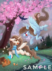 Size: 1516x2048 | Tagged: safe, artist:paipaishuaige, oc, oc only, bird, butterfly, pegasus, pony, squirrel, unicorn, basket, cherry blossoms, chest fluff, clothes, female, flower, flower blossom, flying, food, forest, holiday, lesbian, lying down, mountain, mountain range, obtrusive watermark, oc x oc, picnic basket, prone, river, rose, scarf, shipping, stream, unshorn fetlocks, valentine's day, water, watermark