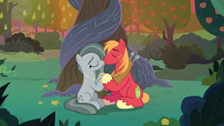 Size: 1920x1080 | Tagged: safe, anonymous editor, edit, edited screencap, screencap, big macintosh, marble pie, earth pony, pony, g4, the big mac question, alternate scenario, apple, apple tree, character swap, duo, eyes closed, female, food, holding hooves, intertwined trees, jewelry, kiss on the lips, kissing, male, mare, necklace, pear tree, ship:marblemac, shipping, stallion, straight, tree