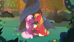 Size: 1920x1080 | Tagged: safe, anonymous editor, edit, edited screencap, screencap, big macintosh, cheerilee, earth pony, pony, g4, the big mac question, alternate scenario, apple, apple tree, character swap, duo, eyes closed, female, food, holding hooves, intertwined trees, jewelry, kiss on the lips, kissing, male, mare, necklace, pear tree, ship:cheerimac, shipping, stallion, straight, tree