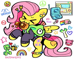 Size: 1823x1462 | Tagged: safe, artist:raystarkitty, fluttershy, pinkie pie, bear, bee, insect, pegasus, pikachu, pony, antonymph, cutiemarks (and the things that bind us), g4, :3, ><, >w<, aesthetics, anklet, awesome face, blushing, bracelet, cherry, clothes, creeper, cupcake, cute, ear piercing, earring, eyes closed, fluttgirshy, food, gir, hairclip, happy, heart, hoodie, hoofbump, invader zim, jewelry, leek, minecraft, mouth hold, nintendo ds, nostalgia, nyan cat, owo, peace symbol, piercing, poké ball, pokémon, rainbow, shyabetes, simple background, solo, spread wings, stars, syrup, transgender, vylet pony, waffle, webcore, white background, wings, xd