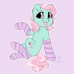 Size: 1200x1200 | Tagged: safe, artist:fanaticpanda, minty, earth pony, pony, g3, chest fluff, clothes, cute, looking at you, mintabetes, raspberry, smiling, smiling at you, socks, solo, striped socks, that pony sure does love socks, tongue out