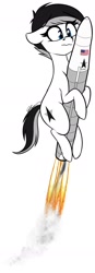Size: 687x1965 | Tagged: safe, artist:seafooddinner, oc, oc only, oc:astrapone, earth pony, pony, american flag, earth pony oc, female, fire, floppy ears, mare, riding, rocket, simple background, smoke, white background