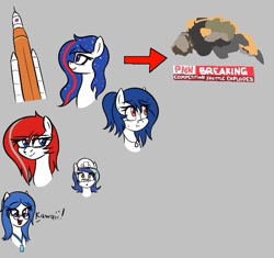Size: 709x666 | Tagged: safe, artist:seafooddinner, oc, oc only, oc:jaxapone, oc:nasapone, oc:roscosmospone, oc:spacexpone, oc:ulapone, earth pony, pony, aggie.io, bust, clothes, cnn, dialogue, earth pony oc, eye clipping through hair, eyebrows, eyebrows visible through hair, female, glasses, gray background, hard hat, hat, jewelry, mare, necklace, open mouth, rocket, simple background, sweat, talking
