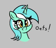 Size: 220x191 | Tagged: safe, artist:seafooddinner, lyra heartstrings, pony, unicorn, g4, aggie.io, bust, female, food, gray background, mare, oats, simple background, smiling, solo, that pony sure does love oats