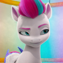 Size: 1080x1080 | Tagged: safe, screencap, zipp storm, pegasus, pony, g5, my little pony: make your mark, my little pony: make your mark chapter 1, spoiler:my little pony: make your mark, cropped, female, mare, out of context, raised eyebrow, smiling, solo